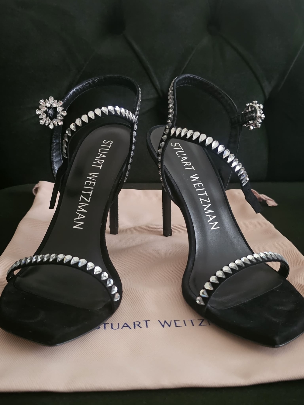Stuart Weitzman Black Crystal-Trim Stiletto Sandals